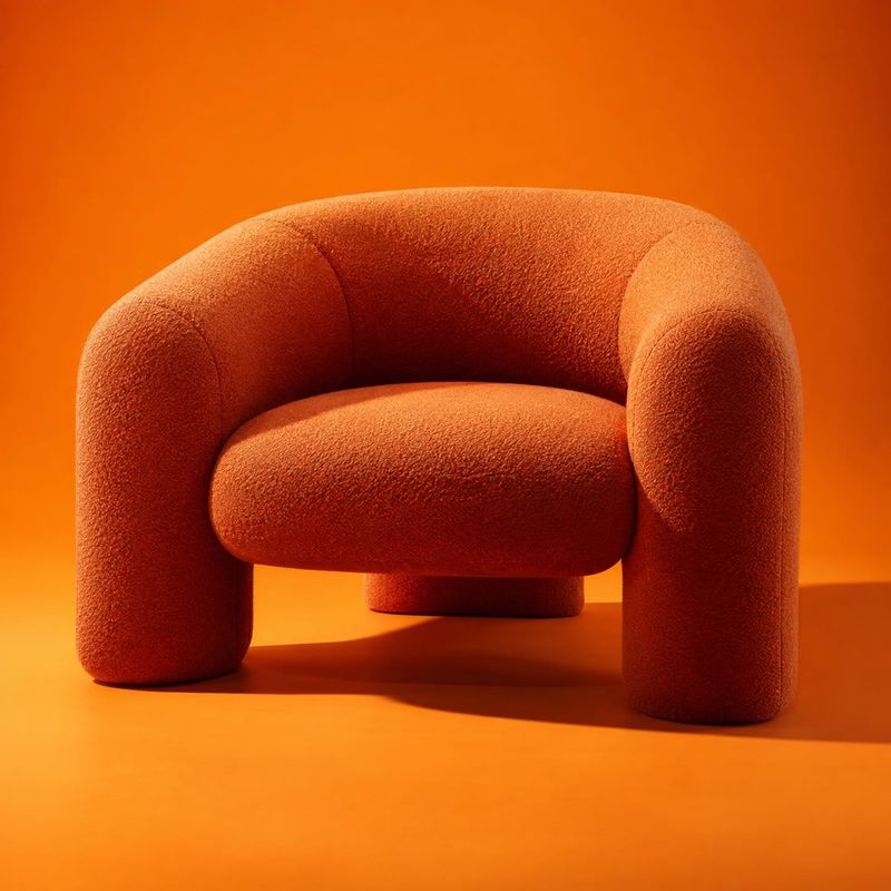 upholstered armchair packshot product photo: A sculptural orange upholstered armchair sits alone against a seamless orange studio backdrop, lit warmly to empha…
