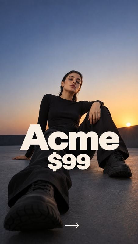 black sneakers black friday product photo: A woman in a black outfit and sneakers poses low to the ground on a concrete rooftop at sunset, with bold cream “Acm…