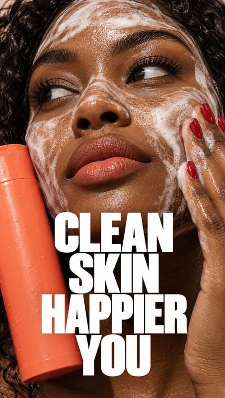 facial cleanser beauty close-up product photo: A close-up beauty image shows a woman with foaming cleanser on her face, holding an orange bottle as bold white…