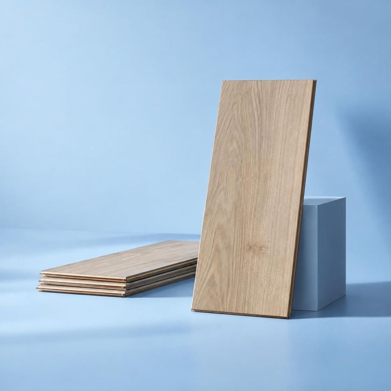 wood flooring panels packshot product photo: Wood flooring panels are arranged against a clean blue studio backdrop, with soft directional light emphasizing th…