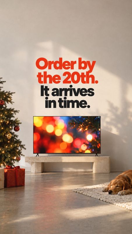 television christmas product photo: A television showing festive lights sits on a low console in a softly sunlit living room, with a decorated Christmas tree,…