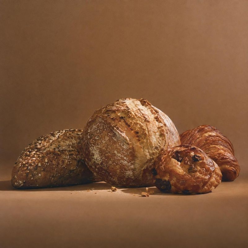 assorted artisan breads and pastries food and drink product photo: An assortment of rustic loaves and golden pastries is arranged against a warm brown studio b…