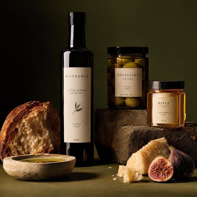 olive oil, olives, and honey food and drink product photo: A bottle of olive oil and jars of olives and honey are styled with bread, cheese, and figs on stone…