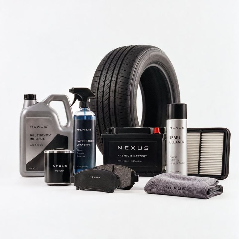 automotive maintenance products group lineup product photo: A coordinated range of automotive maintenance products, including a tire, oil, cleaner, battery, fi…
