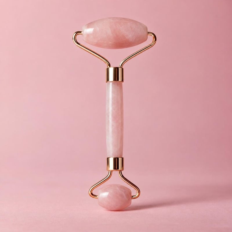 rose quartz facial roller packshot product photo: A rose quartz facial roller with gold-tone fittings is centered against a soft pink background, lit evenly fo…