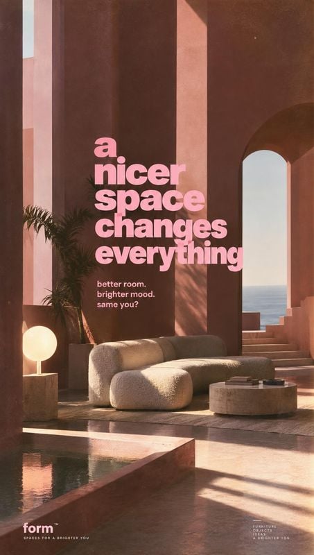 sofa room set product photo: A softly lit sculptural living room with a low cream sofa, rounded coffee table, and globe lamp sits against warm terracotta archi…