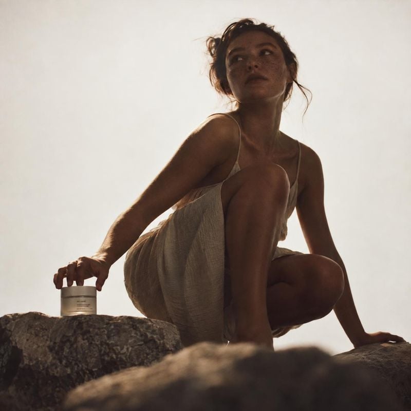 skincare cream lifestyle scene product photo: A woman in a neutral linen outfit crouches on sunlit rocks beside a small skincare jar, with warm backlighting an…