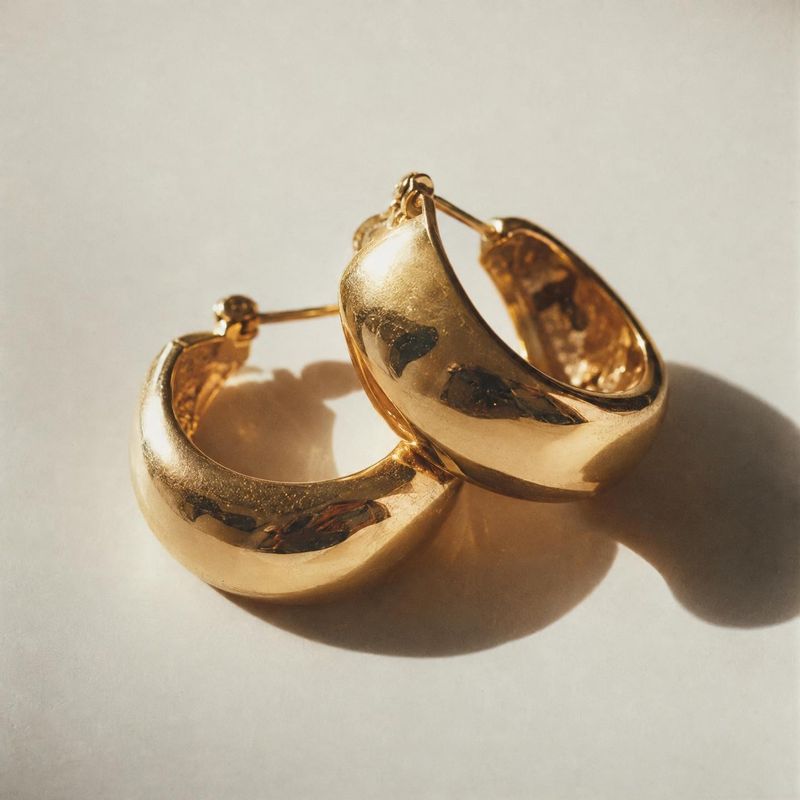 gold hoop earrings packshot product photo: A pair of polished gold hoop earrings rests on a pale neutral surface, lit by warm directional light that creates so…