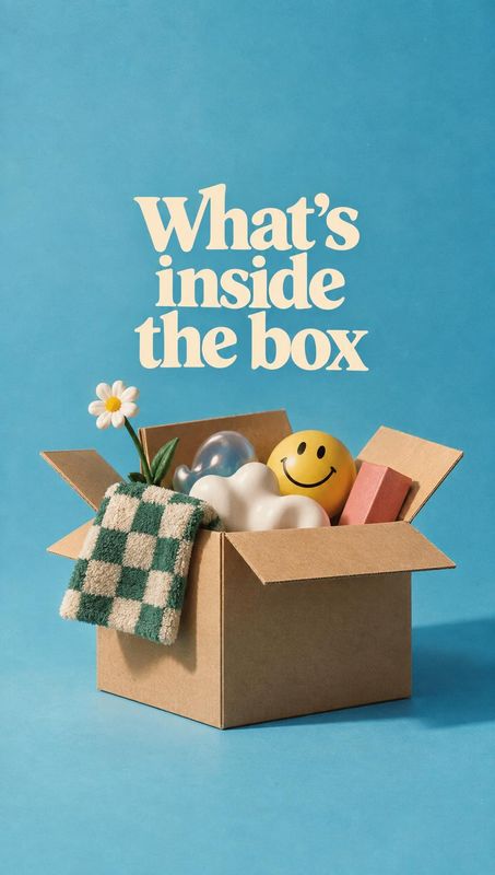 curated box of assorted items still life product photo: An open cardboard box of assorted home goods sits against a bright blue studio backdrop beneath large c…