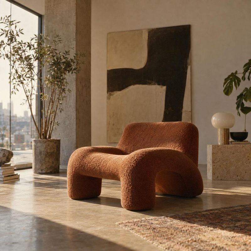 upholstered lounge chair room set product photo: A sculptural rust-colored lounge chair sits in a sunlit modern interior with stone surfaces, plants, and abstr…