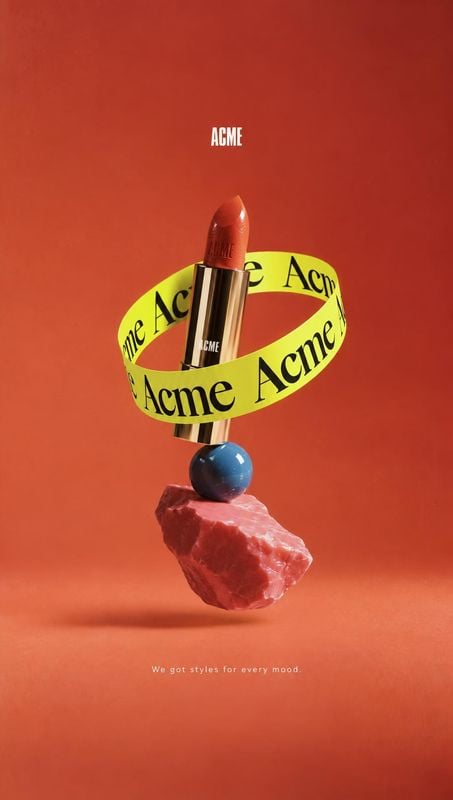 lipstick floating product product photo: A lipstick floats above a sculptural rock and blue sphere, encircled by a bright yellow branded ribbon against a warm…
