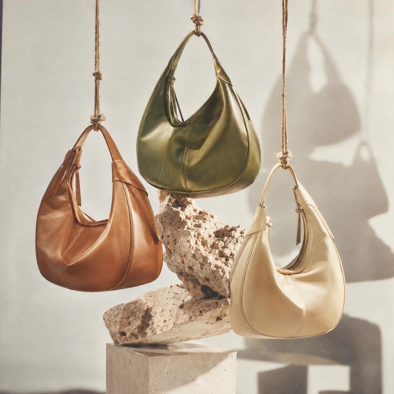 handbags group lineup product photo: Three sculptural leather handbags in warm brown, olive, and cream hang from ropes around stone props in soft, sunlit studi…