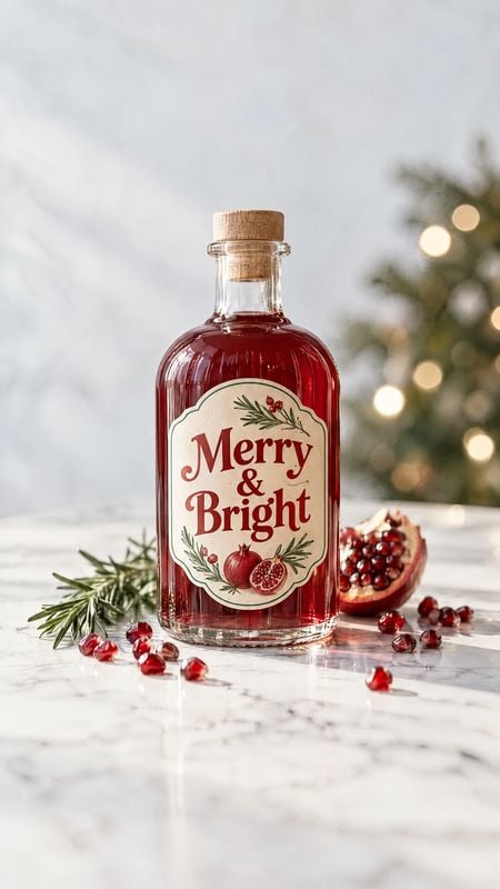 pomegranate beverage in a glass bottle christmas product photo: A bottle of deep red pomegranate beverage sits among pomegranate seeds and evergreen sprigs on…
