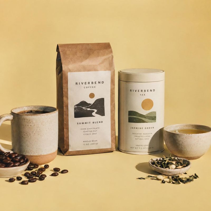 coffee and tea group lineup product photo: Coffee and tea packages are arranged with ceramic cups, scattered beans, and loose tea on a warm yellow studio set,…
