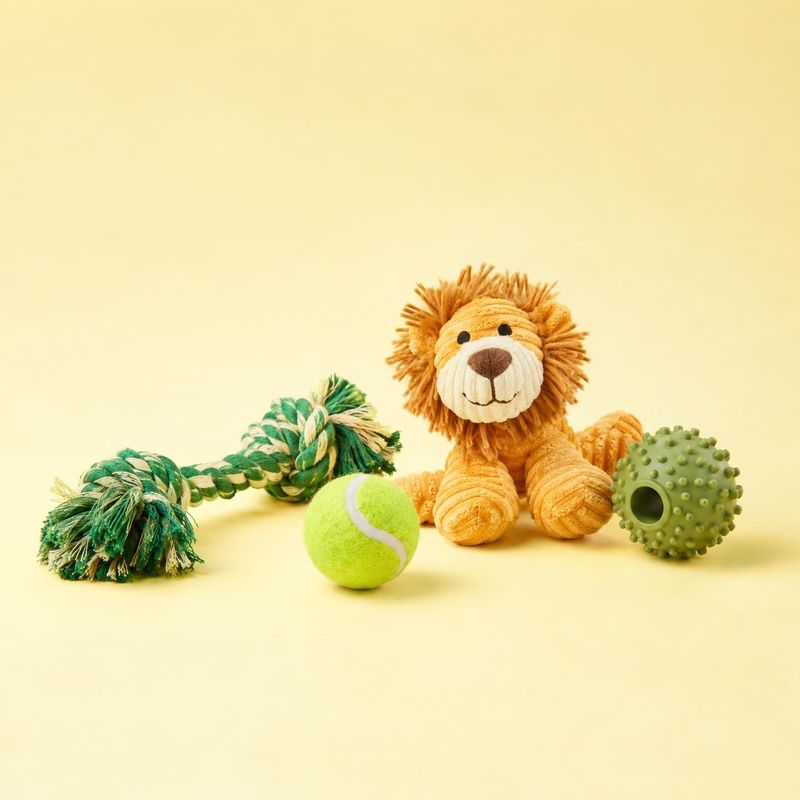 dog toys group lineup product photo: A plush lion, rope tug toy, tennis ball, and rubber ball are arranged on a pale yellow studio backdrop, creating a bright…