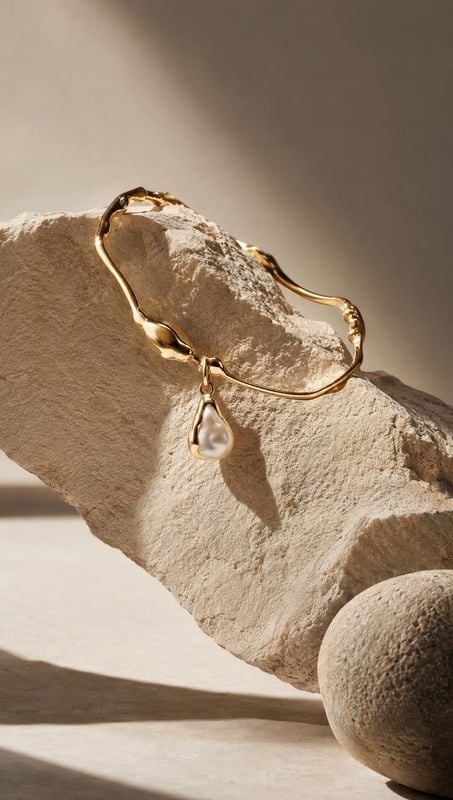 gold bracelet with pearl pendant jewelry product photo: A sculptural gold bracelet with a dangling pearl pendant rests against pale textured stones in warm dir…