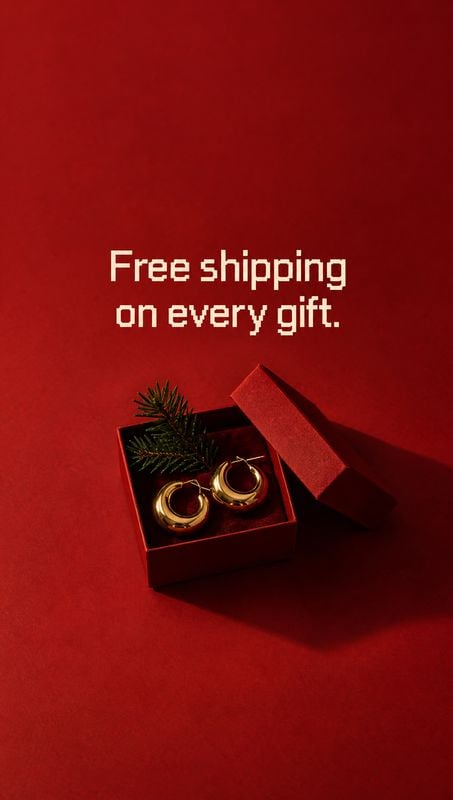 gold hoop earrings christmas product photo: Gold hoop earrings sit in an open red gift box with a sprig of evergreen on a red studio surface, while cream-color…