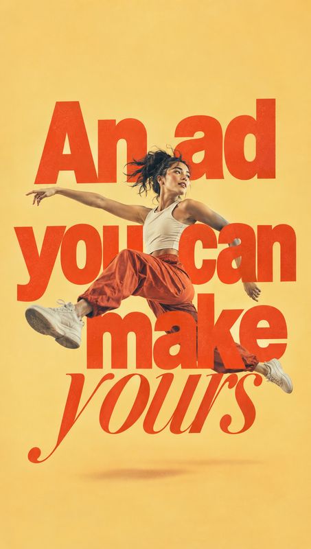 athletic apparel and sneakers action & motion product photo: An athletic woman in a white crop top, rust-colored pants and sneakers leaps against a warm yellow…