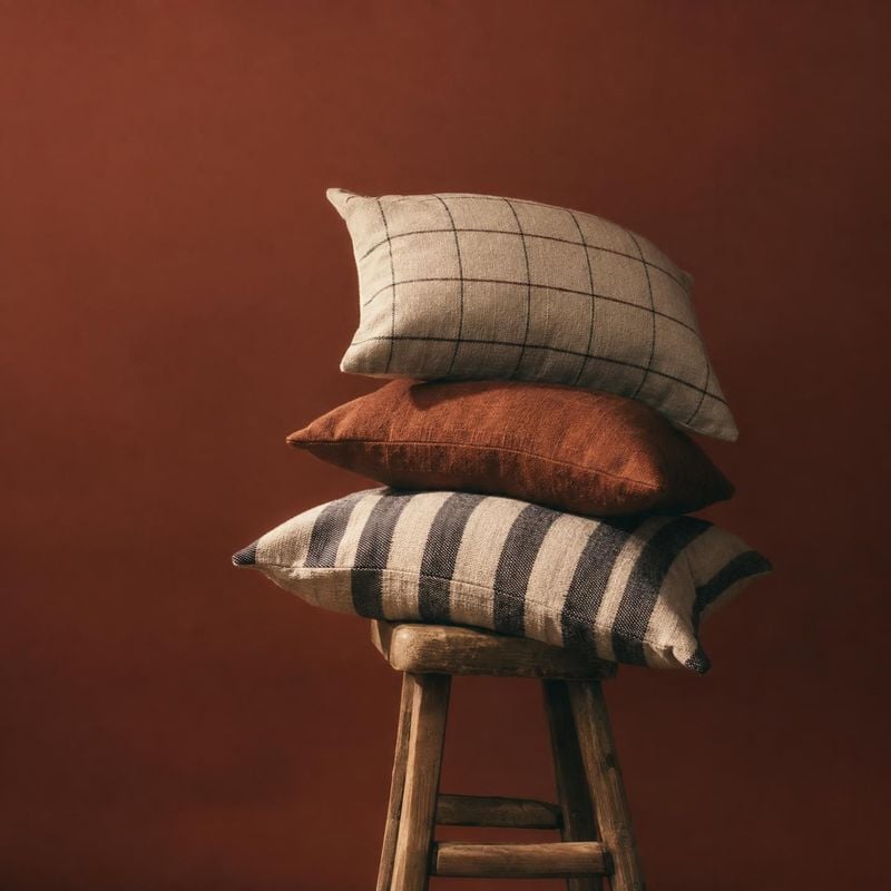decorative throw pillows home product photo: Three patterned throw pillows are stacked on a rustic wooden stool against a warm terracotta backdrop, lit with so…