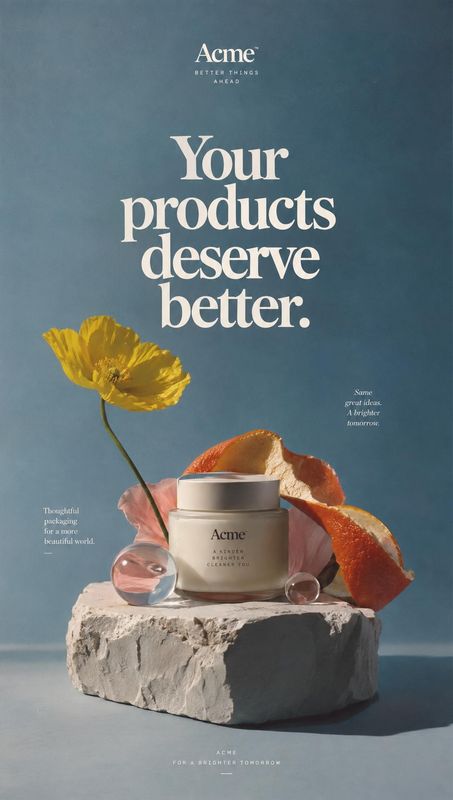 face cream still life product photo: A face cream jar sits on a rough stone pedestal among citrus peel, glass spheres, and a yellow flower against a muted blue…