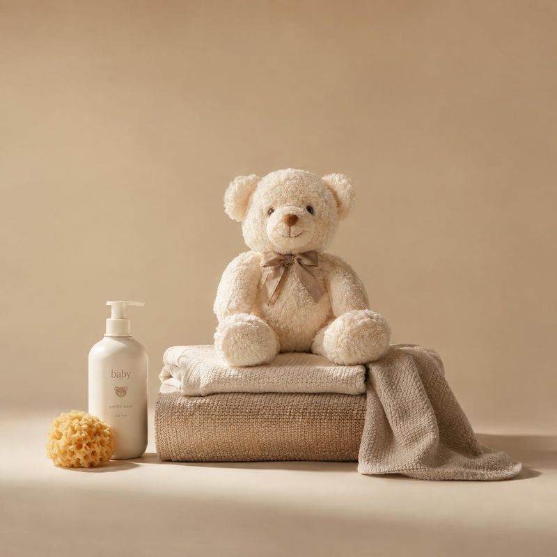 baby wash personal care product photo: A softly lit baby wash bottle sits beside a natural sponge, folded knit textiles and a cream teddy bear against a warm b…