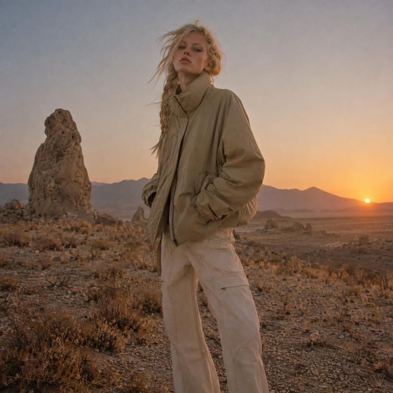 beige jacket and trousers action & motion product photo: A model in a relaxed beige jacket and trousers stands among rugged desert rocks at sunset, with tousle…