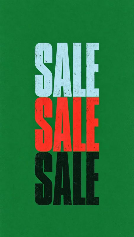 black friday product photo: Three stacked distressed SALE wordmarks in pale blue, red and black stand against a textured green background, creating a bold grap…