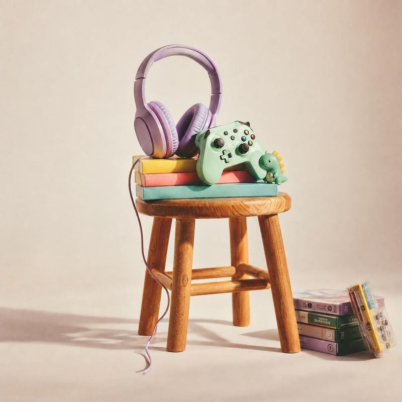 gaming headphones and controller electronics product photo: Pastel gaming headphones and a mint-green controller sit atop colorful books on a wooden stool, wit…