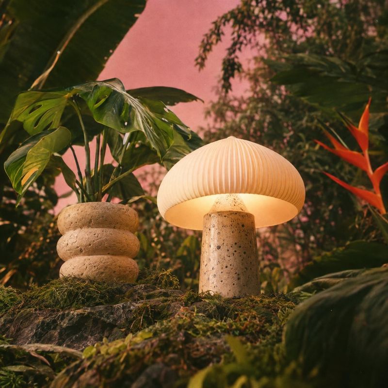 table lamp home product photo: A softly glowing sculptural table lamp sits among moss, stone, and tropical foliage beneath a rosy sky, creating a warm, otherwo…