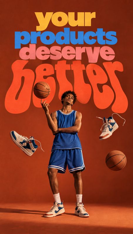 basketball sneakers floating product product photo: A basketball player in a blue uniform poses with a ball as sneakers appear suspended around him, against a…