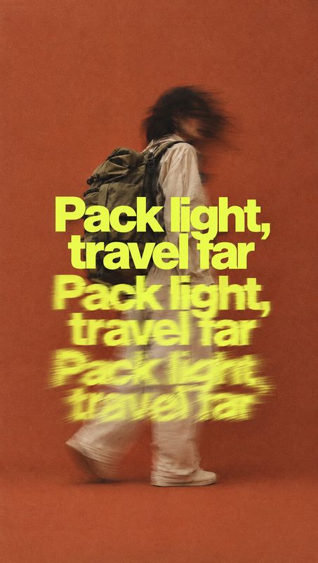 backpack action & motion product photo: A motion-blurred traveler wearing a backpack strides across a warm rust-colored studio backdrop, with oversized neon-ye…