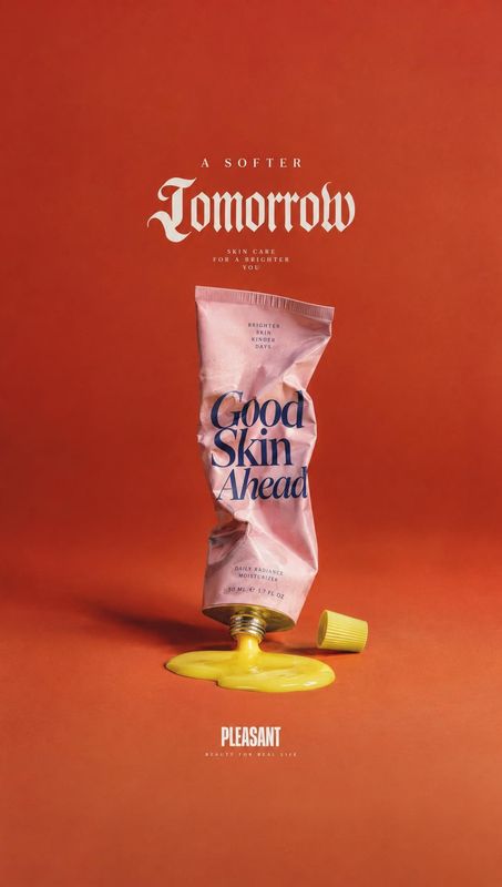 skincare tube still life product photo: A crumpled pink skincare tube spills yellow cream onto a vivid red-orange studio backdrop, framed by centered white dis…