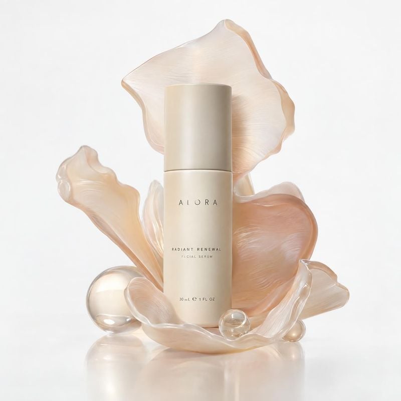 facial serum packshot product photo: A cream-colored facial serum bottle stands centered among translucent blush-toned petal forms and glossy spheres on a brig…