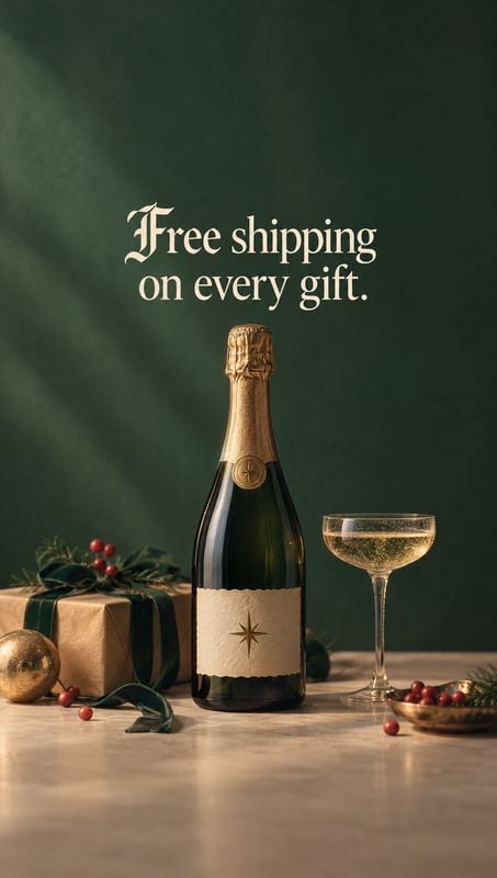 sparkling wine bottle still life product photo: A sparkling wine bottle, coupe glass and wrapped gift sit among festive greenery and berries on a stone tableto…