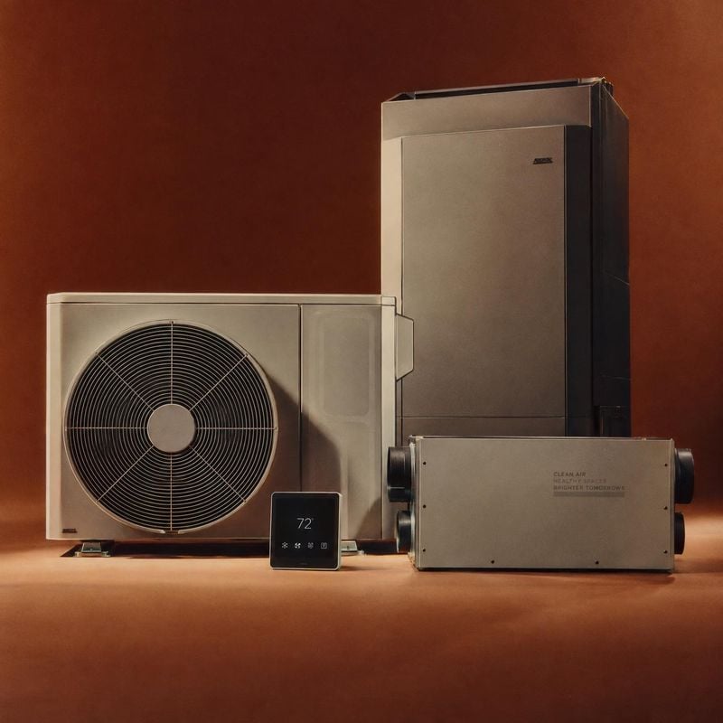 HVAC heating and cooling system packshot product photo: A coordinated set of HVAC components and a digital thermostat is arranged against a warm terracotta stu…