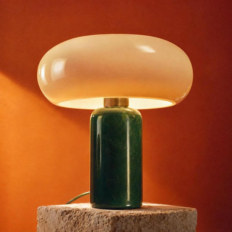 table lamp home product photo: A glowing sculptural table lamp with a cream glass shade and dark green base sits on a rough stone pedestal against a warm rust-…