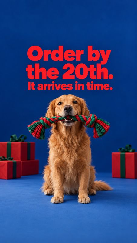 rope dog toy christmas product photo: A golden retriever holds a red-and-green rope toy between its teeth, posed against a vivid blue studio backdrop with red…