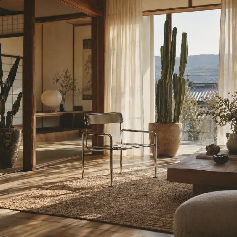 chair room set product photo: A chrome-framed chair sits in a serene, Japanese-inspired living room with warm timber, natural textures, and soft sunlight filte…