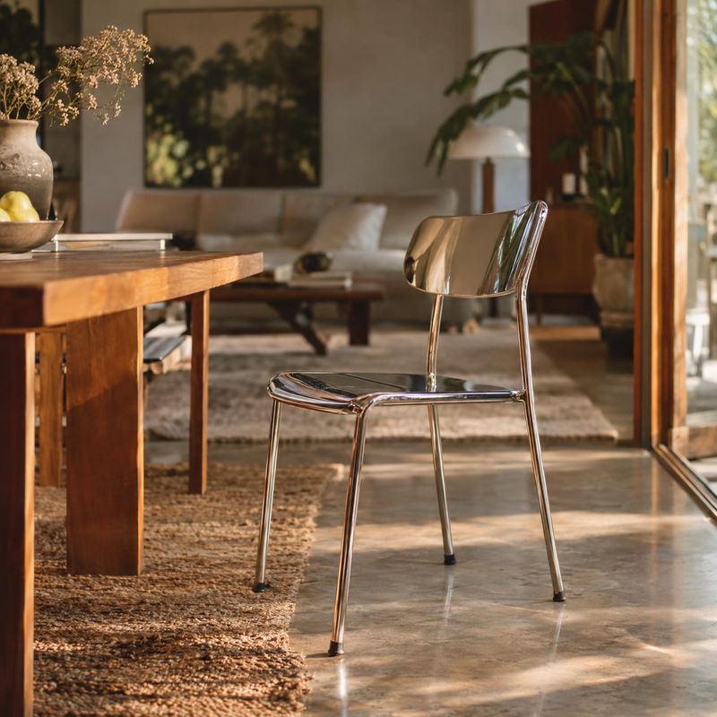 chair room set product photo: A chrome-framed chair stands in a warmly furnished living and dining room, lit by soft golden daylight for a calm, inviting mood.