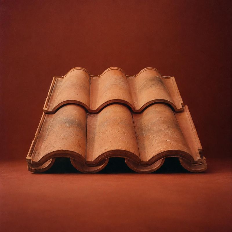 roof tiles packshot product photo: A sample of terracotta roof tiles is arranged against a seamless rust-red studio backdrop, lit warmly to emphasize its curve…