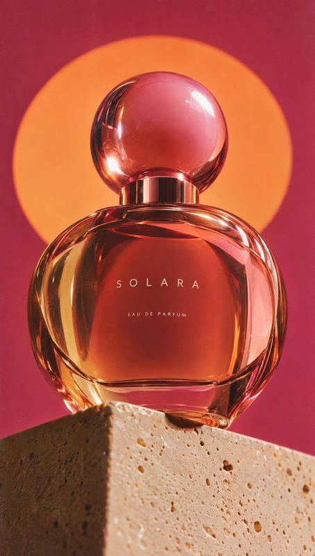 perfume packshot product photo: A sculptural amber-pink perfume bottle stands on a porous stone block against a vivid magenta backdrop with a glowing orange ci…