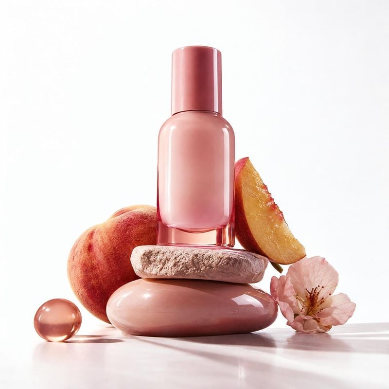 pink skincare bottle ingredients product photo: A glossy pink skincare bottle is styled among peach slices, a blossom, and smooth stones on a bright white surf…