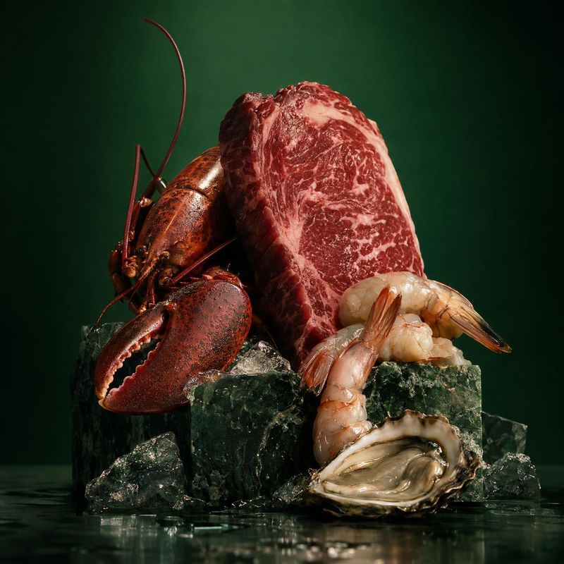 steak and seafood assortment ingredients product photo: A marbled steak, lobster, shrimp and oyster are dramatically arranged on dark stone against a deep gree…