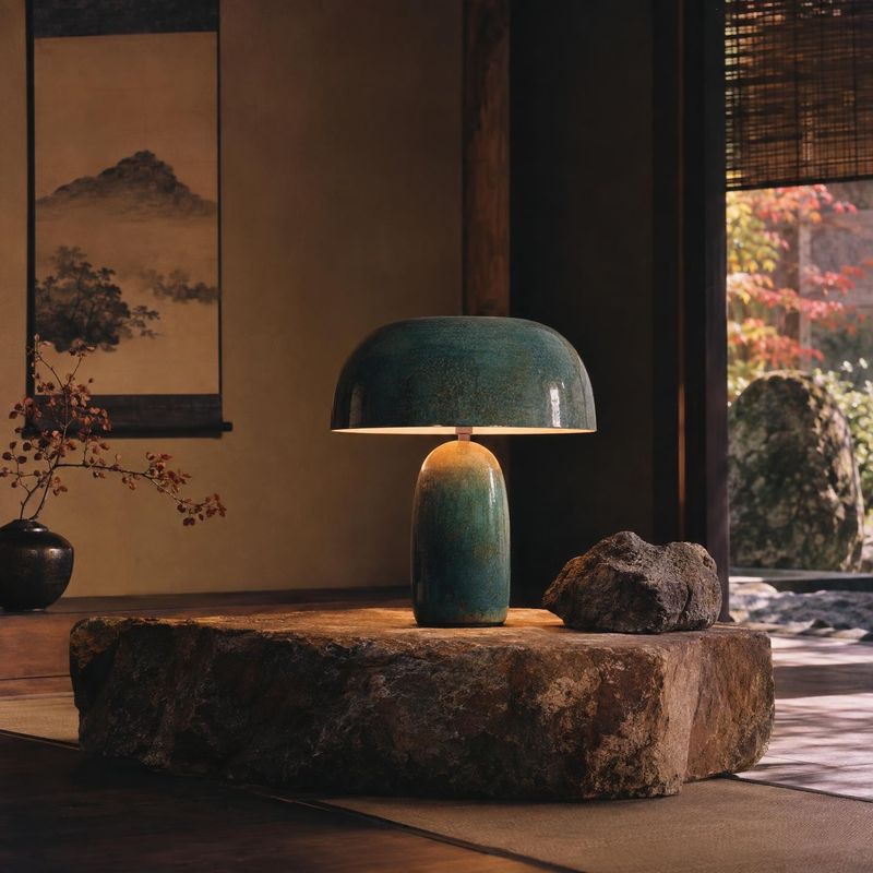 ceramic table lamp room set product photo: A deep teal ceramic table lamp glows warmly on a rustic stone table in a serene, Japanese-inspired interior with bot…