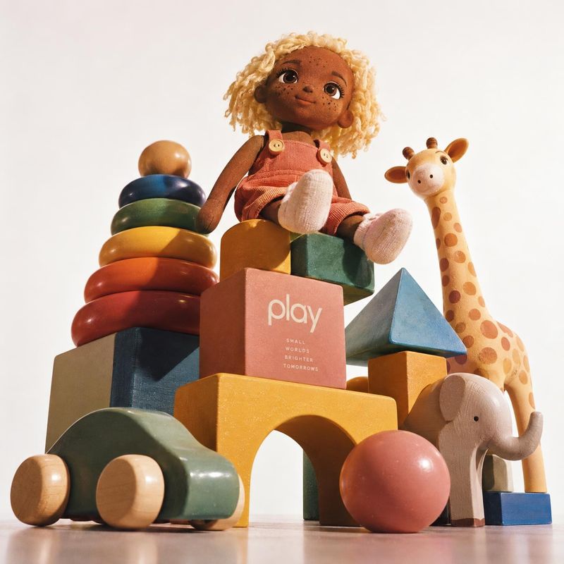 wooden toys and rag doll group lineup product photo: A rag doll and colorful wooden toys are arranged in a playful tower against a warm, seamless studio backdr…