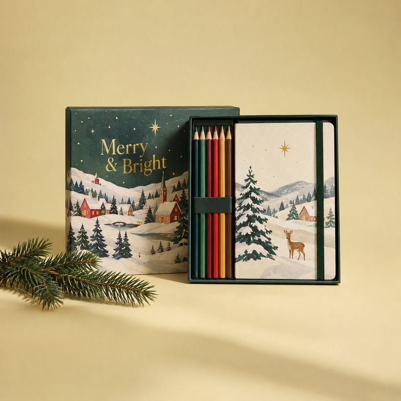 boxed notebook and colored pencil set christmas product photo: A festive boxed notebook and colored pencil set sits beside an evergreen sprig on a warm cream s…