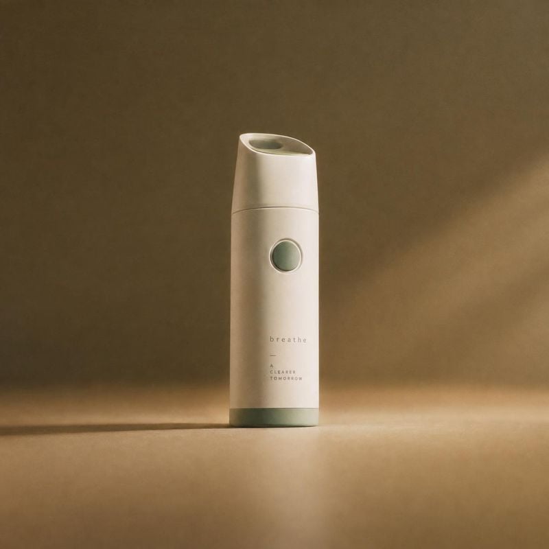 portable inhaler packshot product photo: A minimalist white portable inhaler stands alone against a warm, softly lit taupe studio backdrop, with generous open…