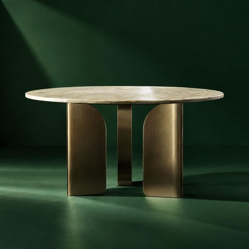 marble-top dining table home product photo: A sculptural marble-top table with warm metallic legs stands alone against a deep green studio backdrop, lit by dra…