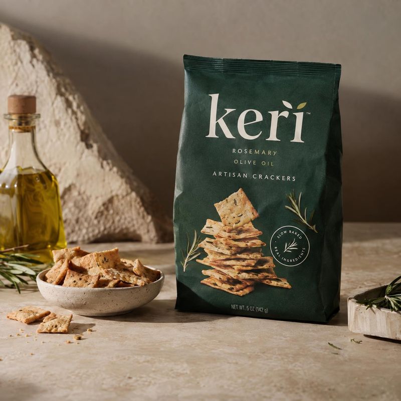 artisan crackers food and drink product photo: A dark green bag of rosemary and olive oil artisan crackers stands beside a bowl of crackers, an olive oil bottl…