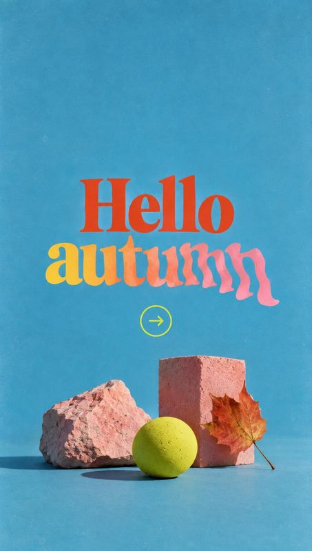 still life product photo: A colorful “Hello autumn” headline sits above a playful still life of pink stone blocks, a lime-green sphere, and a fallen leaf again…